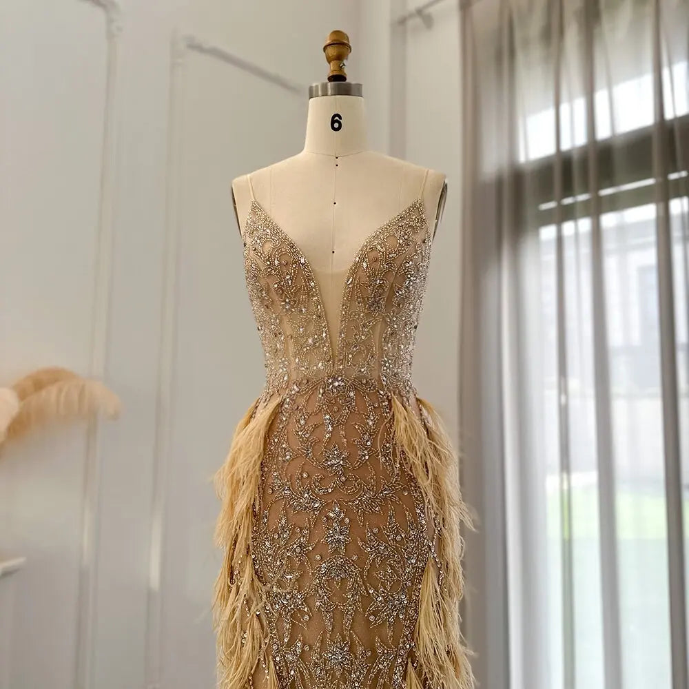 Final Sale Luxury Feathers Champagne Spaghetti Evening Dress SS374 Final Sale Luxury Feathers Champagne Spaghetti Evening Dress SS374
