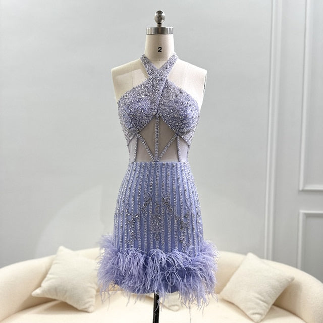 Dreamy Vow Luxury Feathers Nude Short Mini Cocktail Prom Dresses for Women Wedding Halter Lilac Homecoming Party Gowns 172