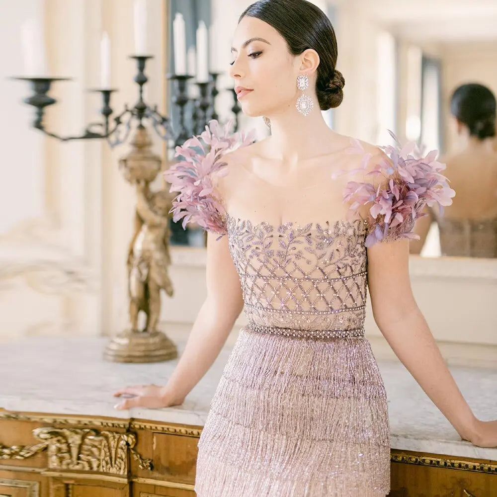 Luxury Feathers Tassel Lilac Evening Dress SS379 Luxury Feathers Tassel Lilac Evening Dress SS379