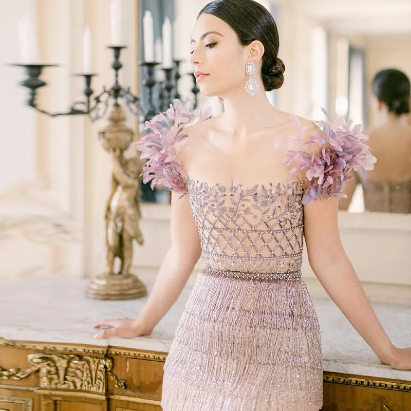 Dreamy Vow Luxury Feathers Tassel Lilac Dubai Evening Dresses for Women Wedding Party Arab Ankle Length Midi Formal Gowns 379