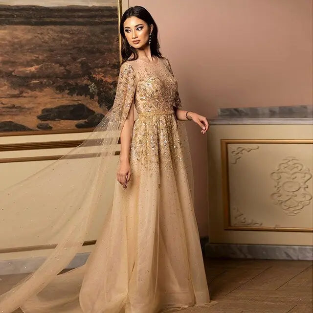 Luxury Crystal Gold Evening Dress with Cape Sleeve SS268 – SHARONSAID