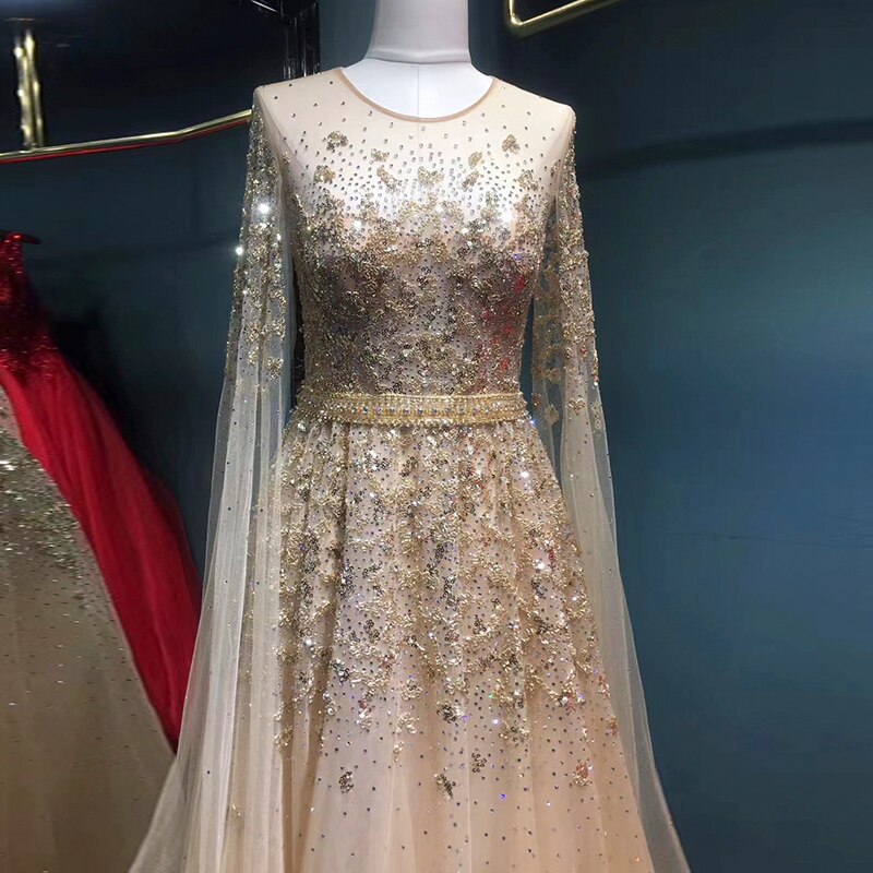 Dreamy Vow Luxury Gold Evening Dress with Cape Sleeve Crystal Silver Formal Dresses for Women Wedding Party 268
