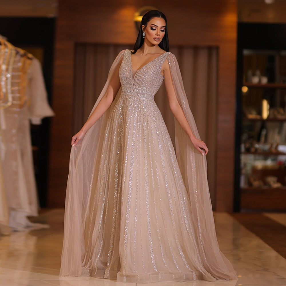 Dreamy Vow Luxury Nude Dubai Evening Dress with Cape Sleeves Blush Pink Arabic Formal Dresses for Women Wedding Party 322