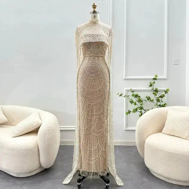 Luxury Pearls Champagne Evening Dress with Cape SS369 - SHARONSAID Luxury Pearls Champagne Evening Dress with Cape SS369 - SHARONSAID