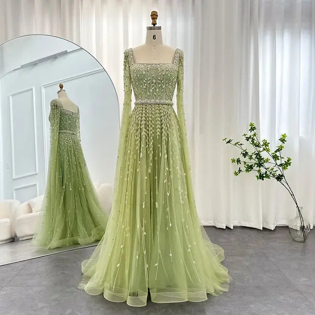 green emerald velvet dress Luxury Square Neck Evening Dress with Cape Sleeves SS494