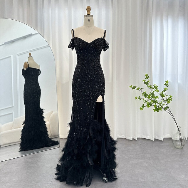 Dreamy Vow Luxury Pink Mermaid Feathers Prom Dresses 2023 Spaghetti Straps Green Black Blue Women Wedding Evening Dress 169