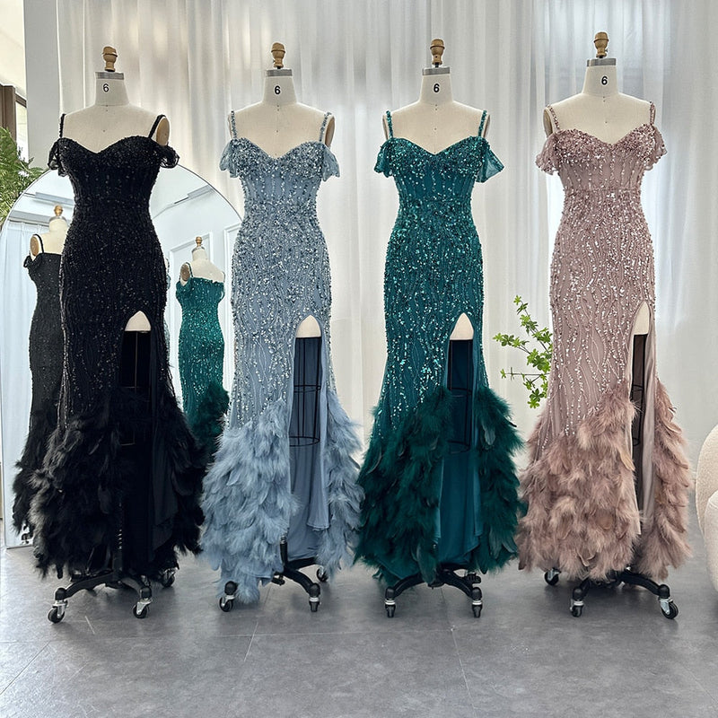 Dreamy Vow Luxury Pink Mermaid Feathers Prom Dresses 2023 Spaghetti Straps Green Black Blue Women Wedding Evening Dress 169