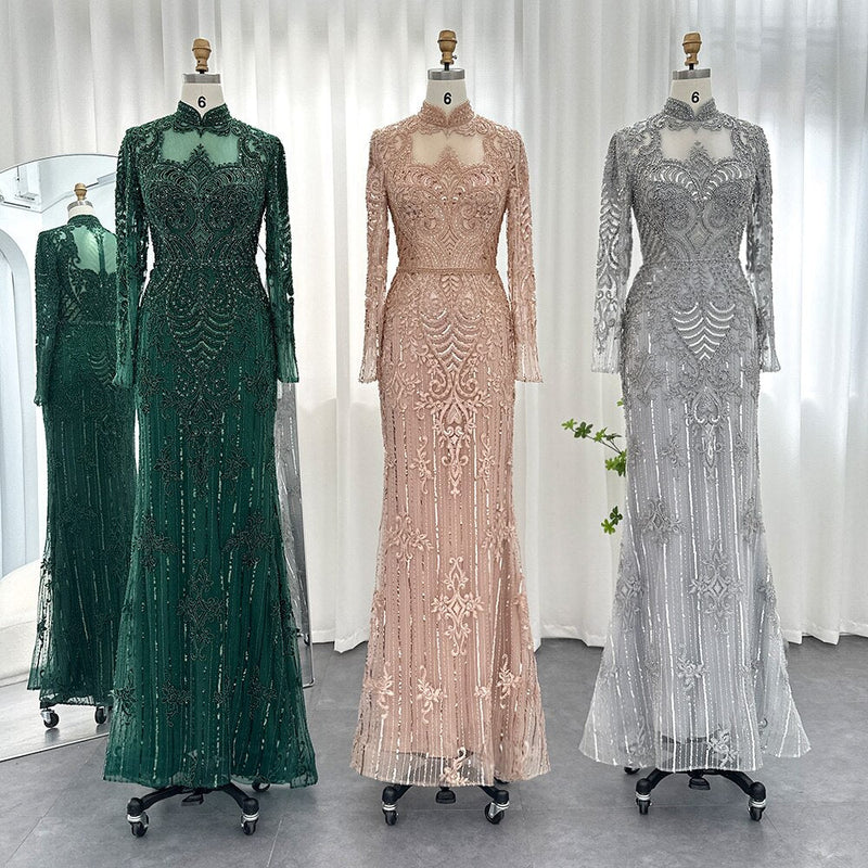 Dreamy Vow Luxury Rose Gold Muslim Dubai Evening Dresses Long Sleeves 2023 Emerald Green Silver Gray Wedding Party Gowns 153
