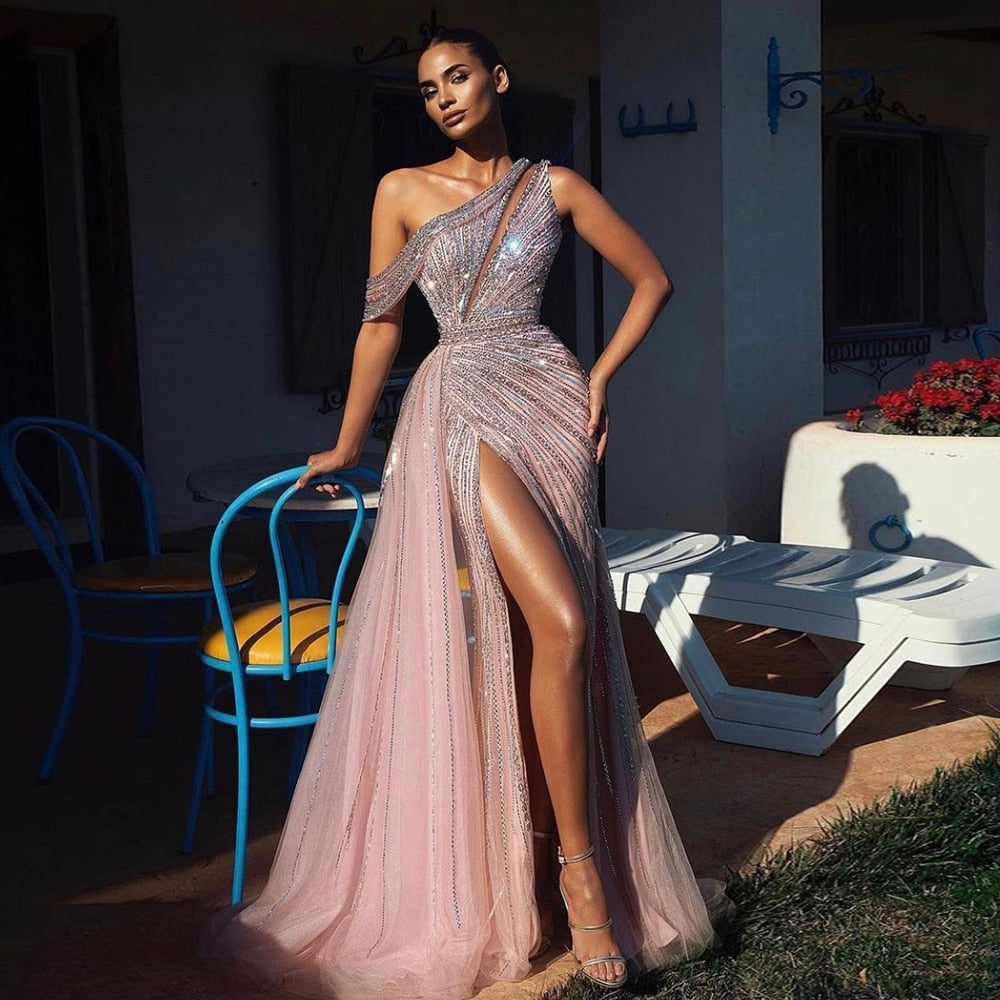 Dreamy Vow Luxury Rose Pink One Shoulder Mermaid Evening Dresses for Women Wedding Party High Slit Long Prom Formal Gowns 337