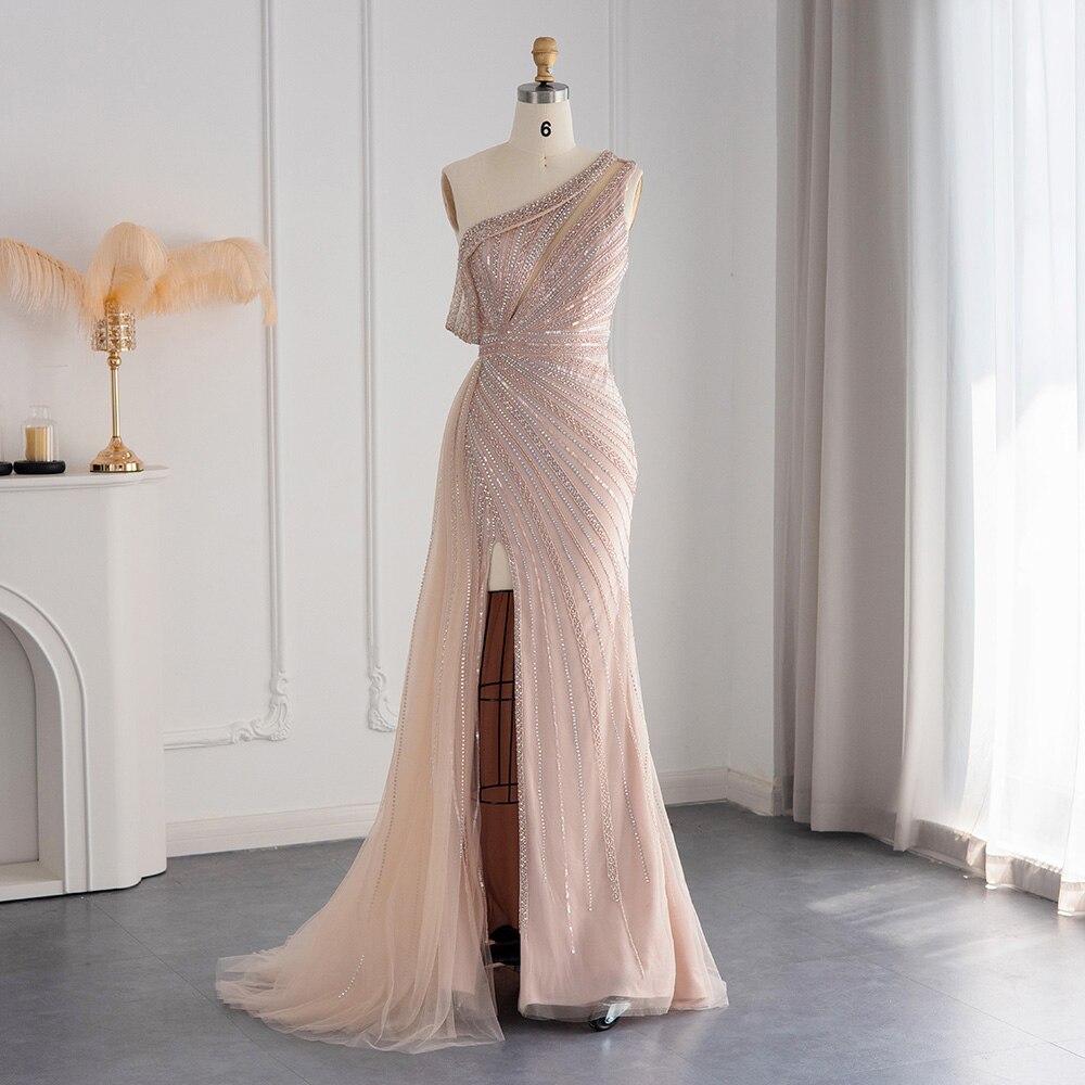 Dreamy Vow Luxury Rose Pink One Shoulder Mermaid Evening Dresses for Women Wedding Party High Slit Long Prom Formal Gowns 337