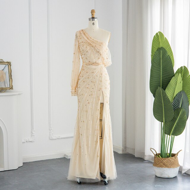 Dreamy Vow Mint Green One Shoulder Mermaid Evening Dresses Luxury Dubai Gold High Slit Prom Formal Dress for Women Wedding 267