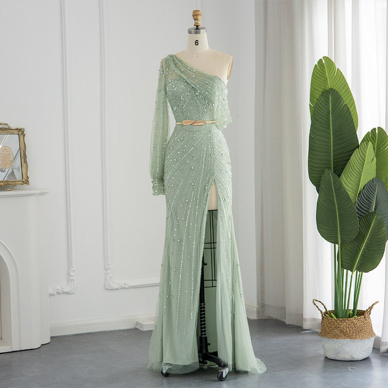 Dreamy Vow Mint Green One Shoulder Mermaid Evening Dresses Luxury Dubai Gold High Slit Prom Formal Dress for Women Wedding 267
