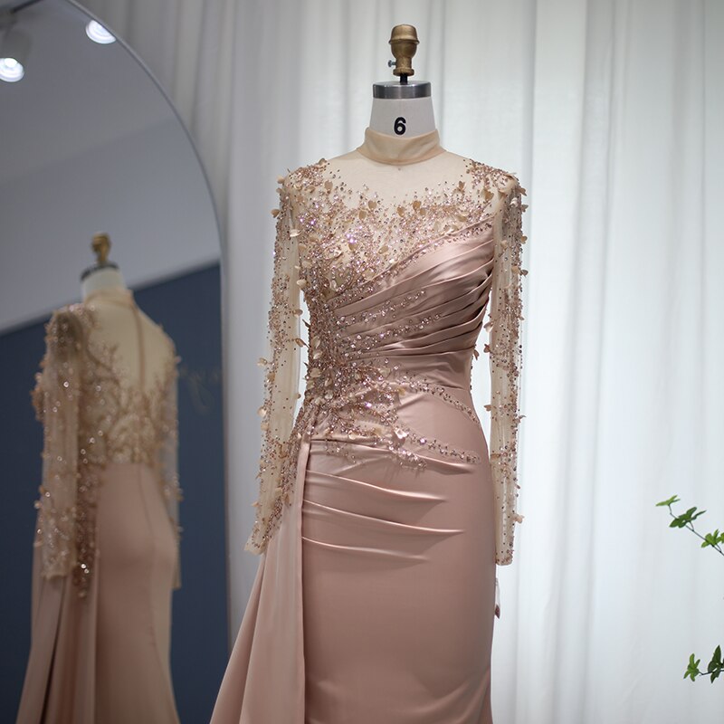 Dreamy Vow Rose Gold Mermaid Arabic Evening Dresses Long Sleeve Luxury Dubai Muslim Formal Dress for Women Wedding Party 472