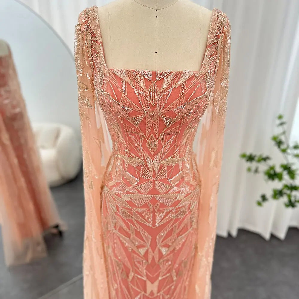 Final Sale Luxury Pink Square Neck Evening Dress with Cape Sleeves SS497 Final Sale Luxury Pink Square Neck Evening Dress with Cape Sleeves SS497