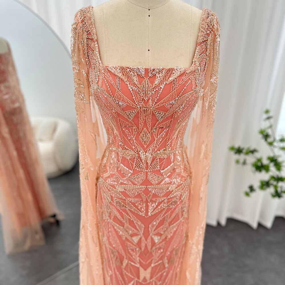 Dreamy Vow Saudi Arabic Nude Pink Luxury Dubai Evening Dresses with Cape Sleeves Square Collar Women Wedding Party Gowns 497