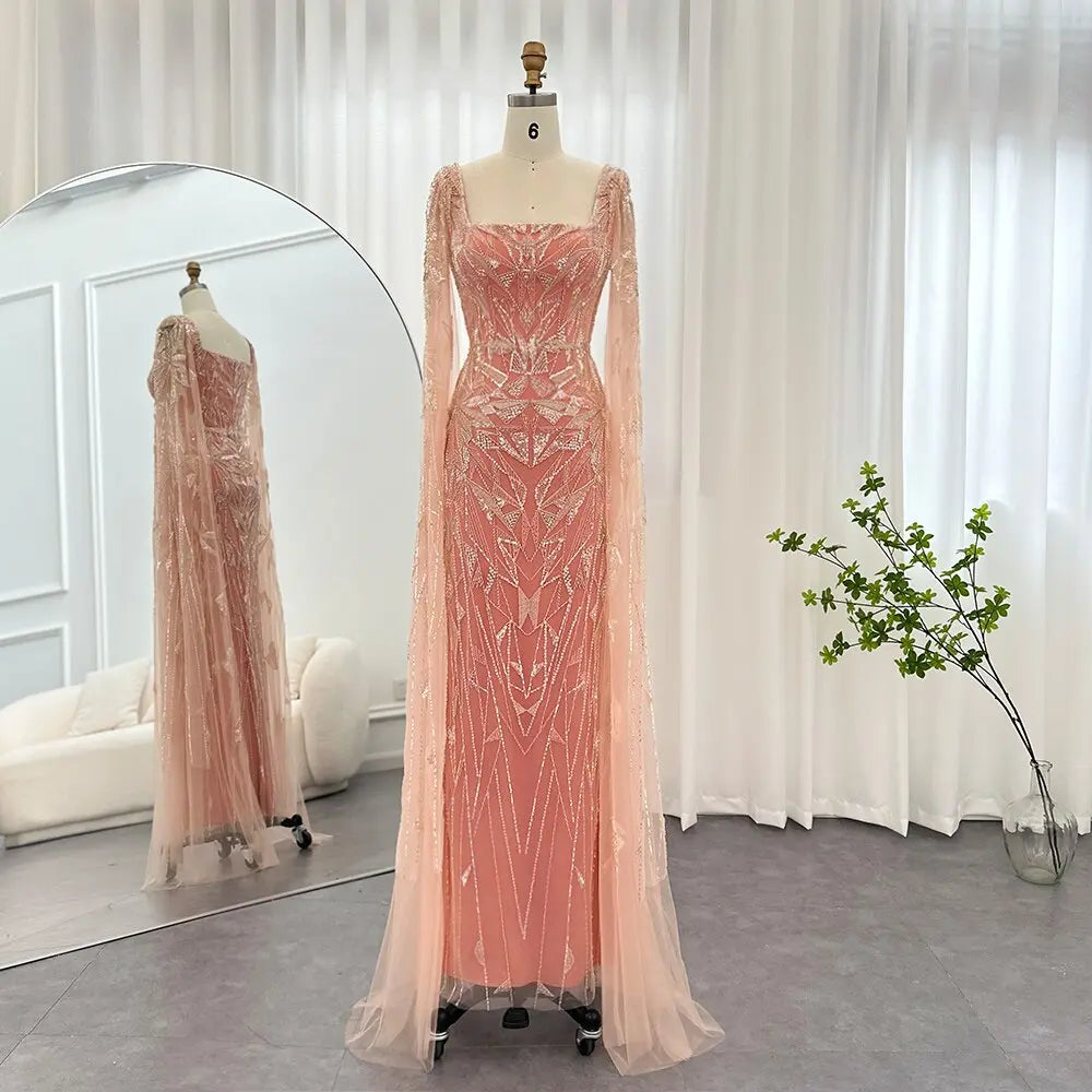 Final Sale Luxury Pink Square Neck Evening Dress with Cape Sleeves SS497 Final Sale Luxury Pink Square Neck Evening Dress with Cape Sleeves SS497