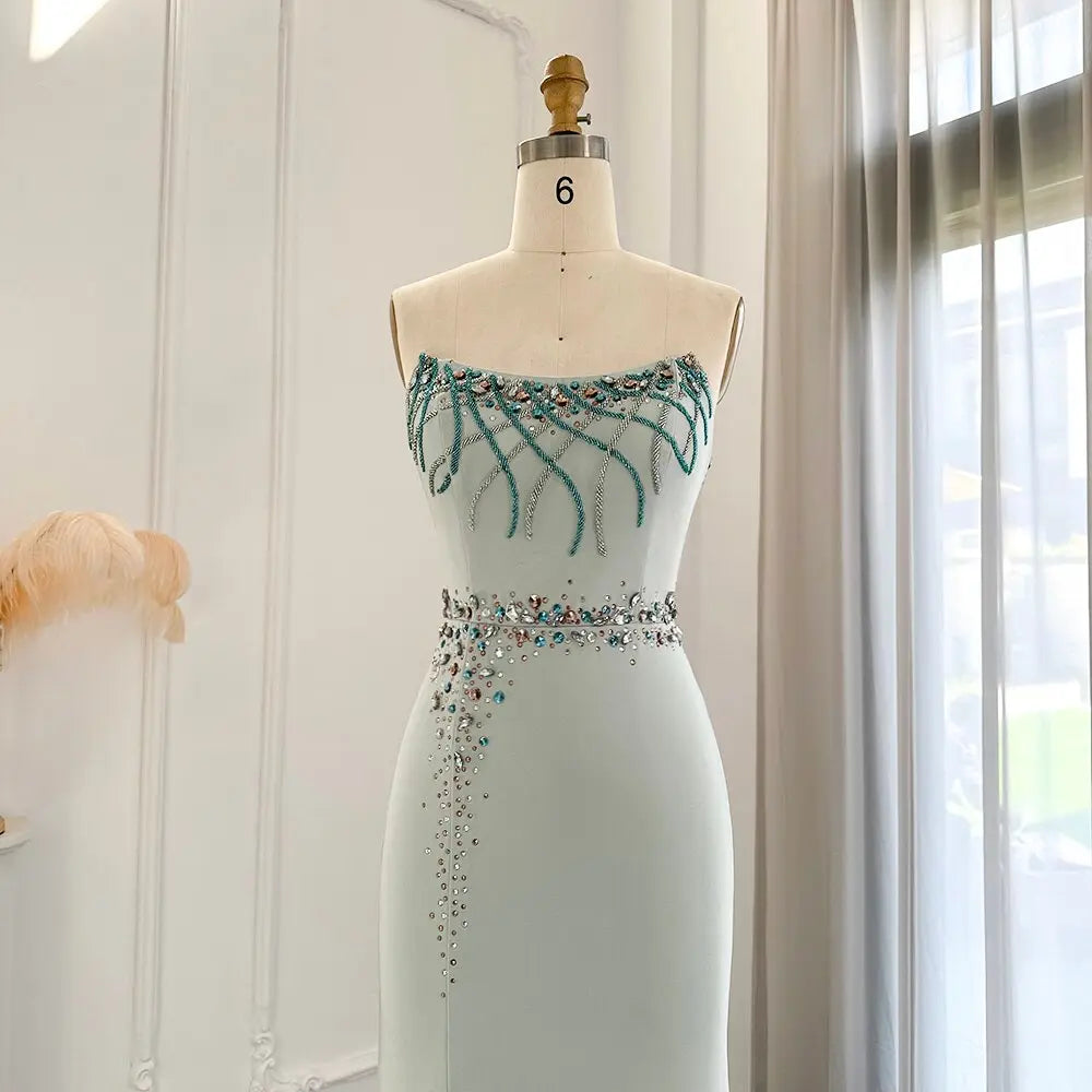 Luxury Turquoise Crystal Strapless Evening Dress SS331 Luxury Turquoise Crystal Strapless Evening Dress SS331