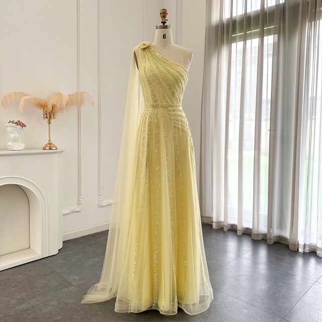 Dreamy Vow Yellow One Shoulder Luxury Dubai Evening Dress with Cape Side Slit Arabic Formal Prom Gowns for Wedding Party 326