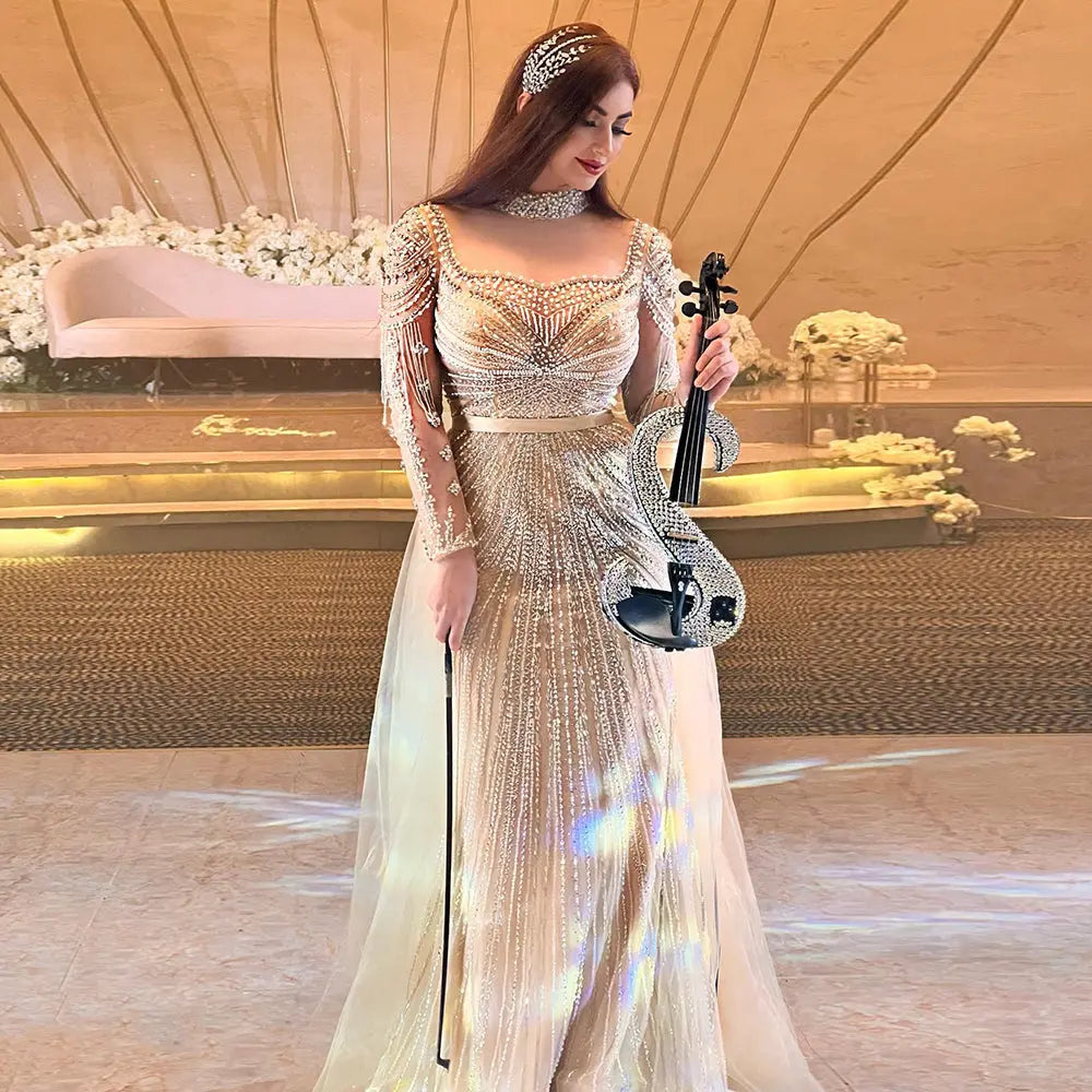 Final Sale Champagne Evening Dress with Detachable Overskirt SS265 Final Sale Champagne Evening Dress with Detachable Overskirt SS265