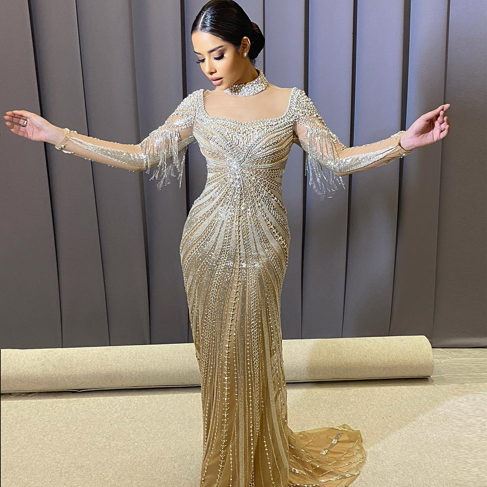 Dreamy Vow Luxury Champagne Mermaid Dubai Evening Dress with Detachable Overskirt Arabic Women Wedding Formal Party Gowns 265