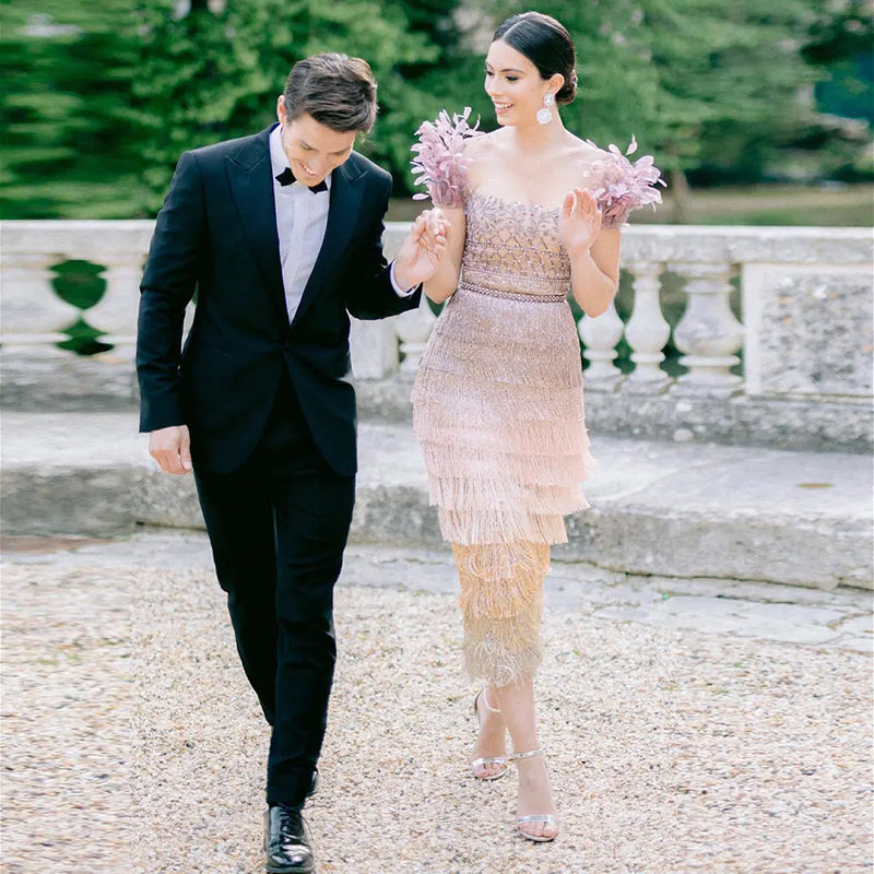 Dreamy Vow Luxury Feathers Tassel Lilac Dubai Evening Dresses for Women Wedding Party Arab Ankle Length Midi Formal Gowns 379