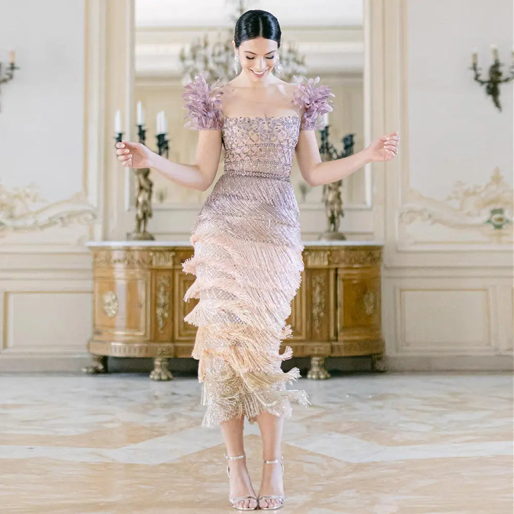 Luxury Feathers Tassel Lilac Evening Dress SS379 Luxury Feathers Tassel Lilac Evening Dress SS379