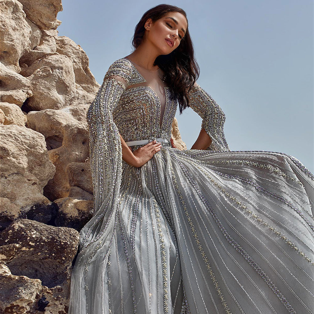 DreamyVow Luxury Dubai Silver Grey Evening Dresses with Cape Sleeves Arabic Champagne Muslim Wedding Formal Party Gowns 068