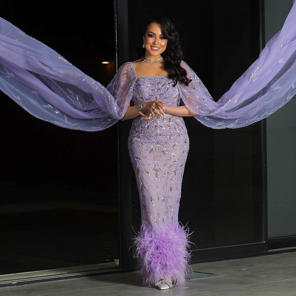 Dreamy Vow Dubai Luxury Feathers Lilac Evening Dress with Cape Sleeves Ankle Length Midi Arabic Women Wedding Party Gowns 381