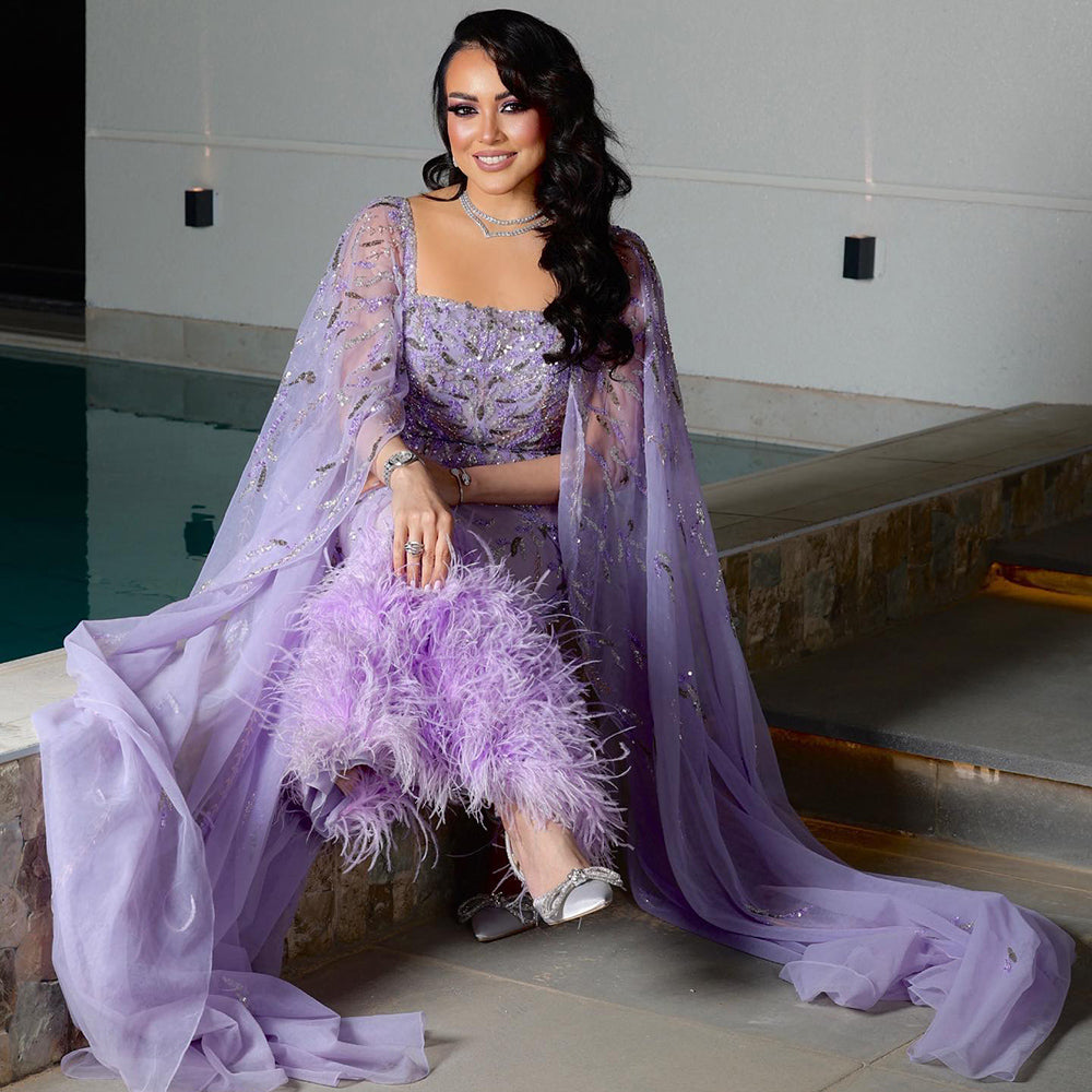 Dreamy Vow Dubai Luxury Feathers Lilac Evening Dress with Cape Sleeves Ankle Length Midi Arabic Women Wedding Party Gowns 381