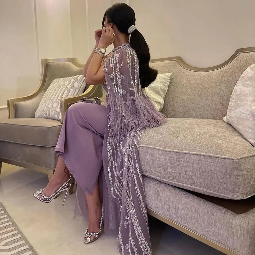 Dreamy Vow Light Yellow Luxury Dubai Feathers Evening Dresses for Women Wedding Party Arabic Purple Formal Prom Gowns 430