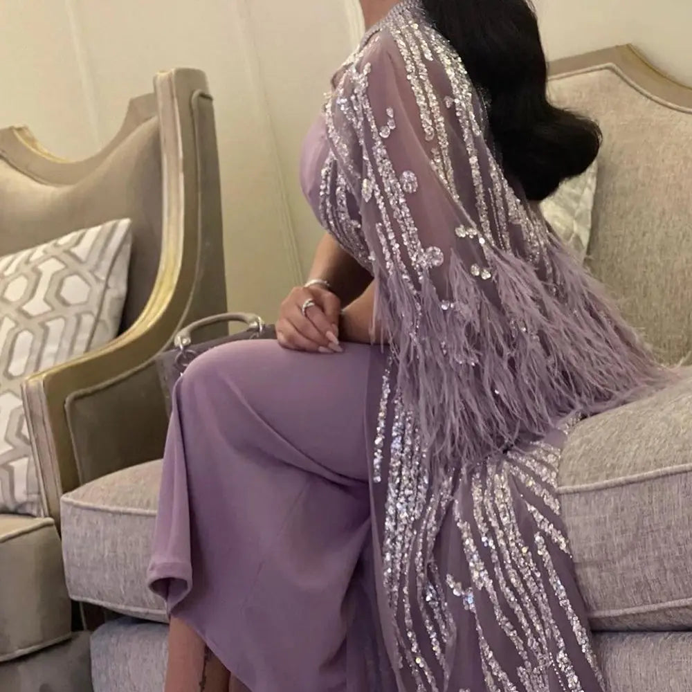 Dreamy Vow Light Yellow Luxury Dubai Feathers Evening Dresses for Women Wedding Party Arabic Purple Formal Prom Gowns 430